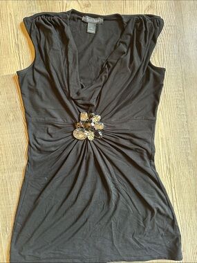 White House Black Market Black V-Neck Tunic with Gemmed Waist Accent